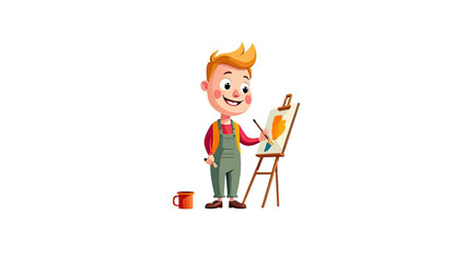 Fototapeta premium Happy Boy Painting on Easel - Child Art - Child illustrations