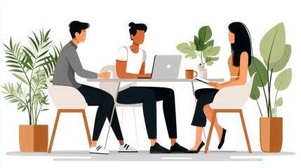 Fototapeta premium Three Colleagues Collaborating at Modern Office Workspace