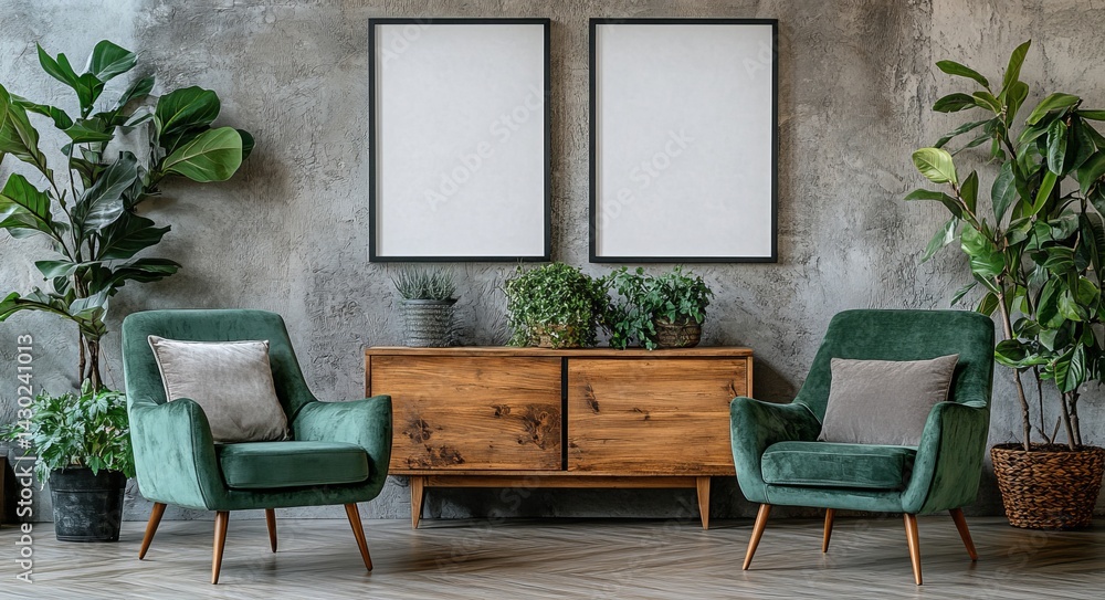 Poster a cabinet is topped with two empty picture frames, creating a minimalist atmosphere that highlights 