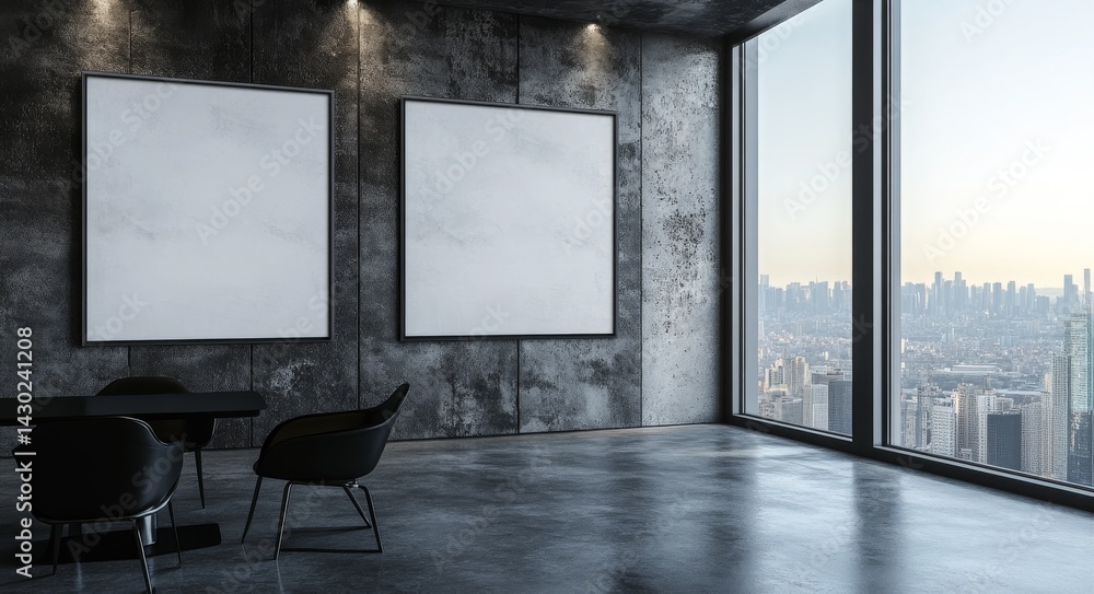 Poster a modern interior setting features two empty frames positioned above a table
