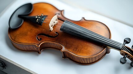 Fototapeta premium Classic wooden violin with detailed construction, close-up, resting on a white surface