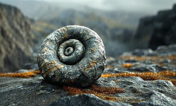 Close-up of a fossilized ammonite on a rocky surface with moss, surrounded by a misty landscape