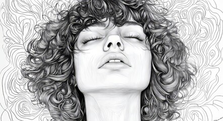 This expressive ink portrait of a woman with closed eyes and long, flowing hair embodies a sense of peaceful contemplation and inner stillness