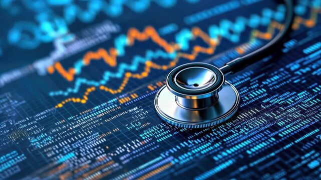 Stethoscope on a digital background with binary code and charts, representing AI diagnosis, AI healthcare, and advanced disease detection technology