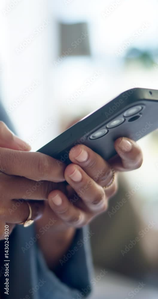 Poster hands, phone and texting at office with contact, click and check notification for deal at startup co