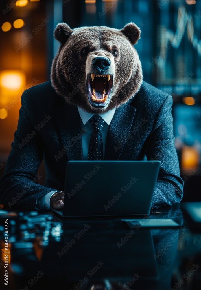 Poster a bear dressed in a suit is intensely working on a laptop with a chart visible in the background