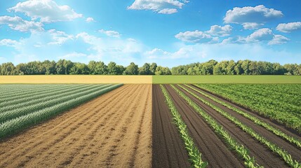 diagram-like field split: monoculture vs polyculture side-by-side.