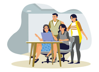 A group of friends having fun and smiling together in front of a laptop.