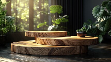 Fototapeta premium Wooden display podium with plants