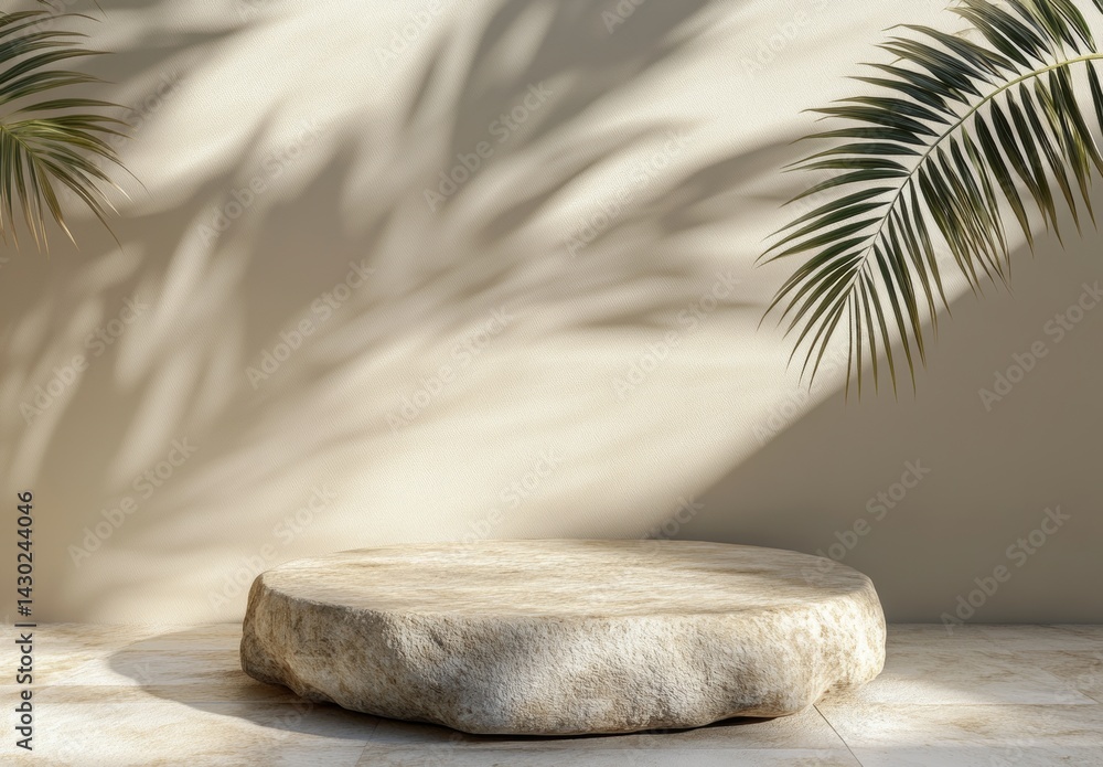 Poster the ideal setting for product display is a stone platform in a neutral environment with shadows, def