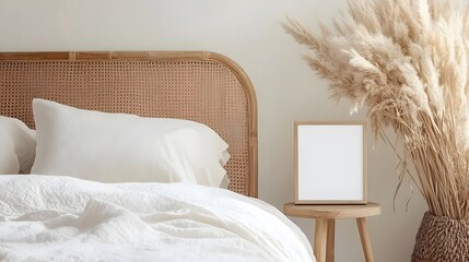 Serene Beige and Pink Bedroom with Natural Elements and White Walls
