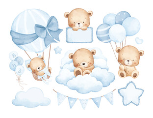Watercolor Illustration Set of Baby Teddy Bear and Balloons with Nursery Elements