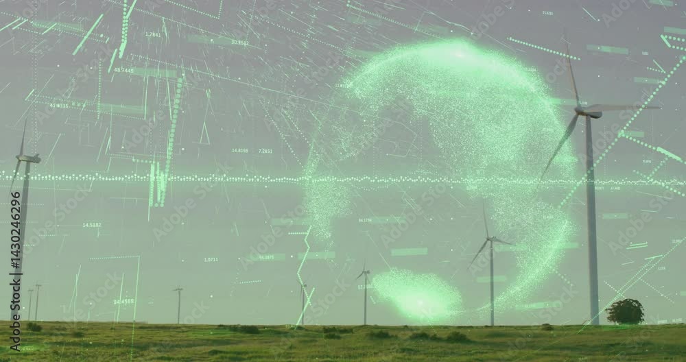 Poster wind turbine rotating on field while green data overlay streaming across digital globe in 3d render