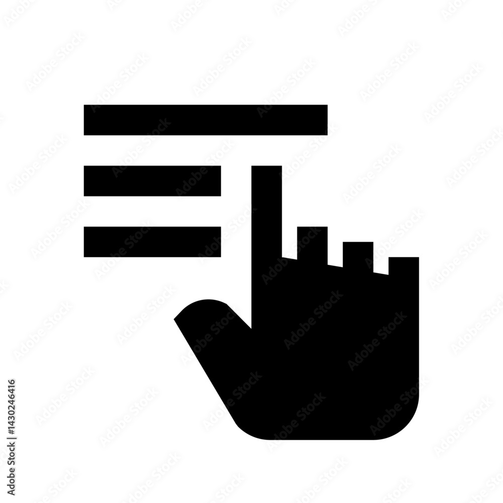 Poster black hand pointing at a menu icon with three horizontal lines indicating interaction and selection 