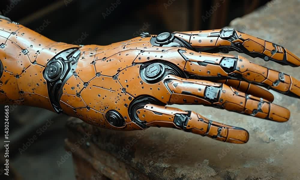 Poster close-up of a futuristic robotic hand with intricate details, resting on a workbench in a workshop