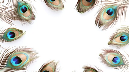 Obraz premium Colorful peacock feathers arranged in a circular frame on a white background, leaving a blank space in the center.