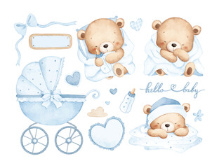 Fototapeta premium Watercolor Illustration Set of Sleepy Baby Teddy Bear and Nursery Elements