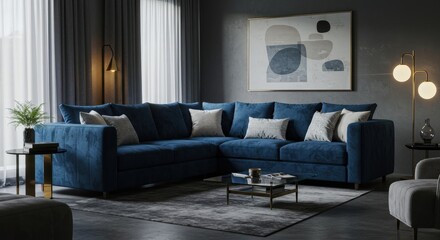 Modern Blue Upholstered Sofa in Cozy Living Room with Natural Light and Contemporary Decor