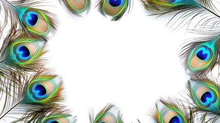 Vibrant peacock feathers arranged in a frame on a white background, leaving space for text or design.