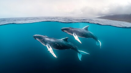 Naklejka premium Two humpback whales swim in the deep blue sea near the surface