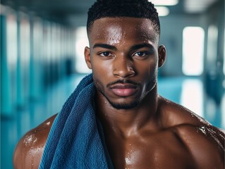 Man cooling down with towel after workout, realistic sweat, perfect skin tones, relaxed muscles