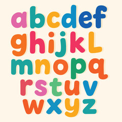 A vibrant and cheerful vector illustration of the complete lowercase English alphabet.