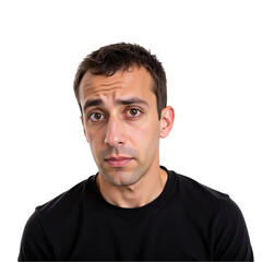 Obraz premium A thoughtful young Caucasian man with short dark hair and a serious expression, wearing a black t-shirt against a transparent background, reflecting on life and experiences.