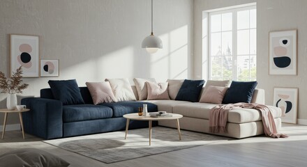 Stylish Modern Living Room with Blue and Beige Sofa and Natural Light from Large Windows