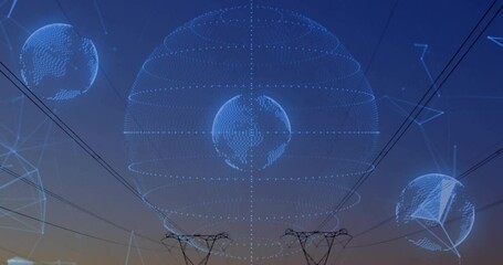 Digital wireframe globes floating over silhouetted power towers at dusk, connecting network lines - Powered by Adobe