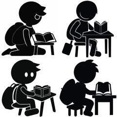 Simple Black Silhouettes of Children Studying at Desks