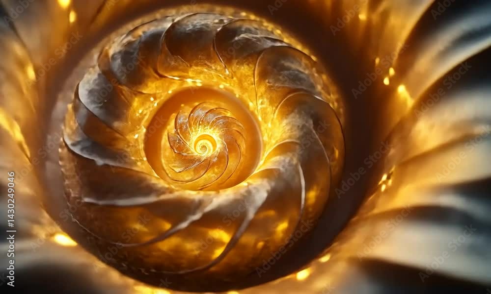 Poster close-up of a luminous spiral shell with intricate patterns and glowing highlights, set against a bl