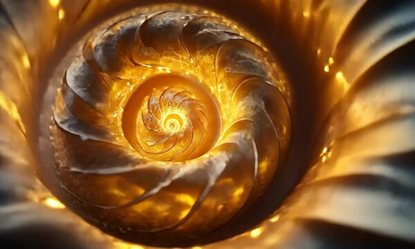 Close-up of a luminous spiral shell with intricate patterns and glowing highlights, set against a blurred dark background