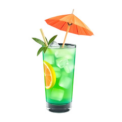 A cold, alcoholic cocktail with lime and a tiny umbrella sits in a glass, a refreshing tropical beverage
