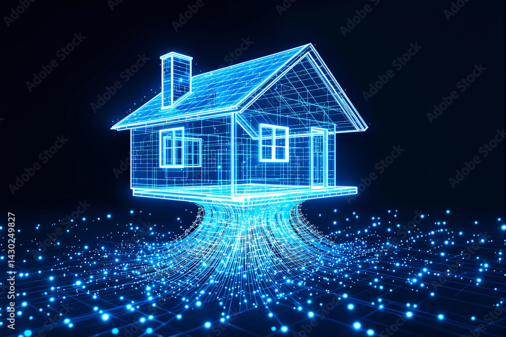 Poster glowing wireframe house model with bright blue light lines and abstract data flow on dark background