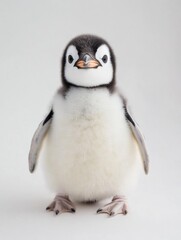 Baby Penguin Standing Upright on a Soft White Background With Big Eyes and Fluffy Feathers, Showcasing Its Adorable Features Generative AI