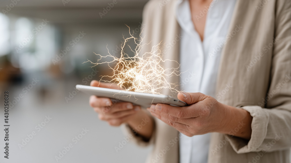 Poster digital innovation: a woman holds a tablet displaying a glowing neural network, symbolizing technolo