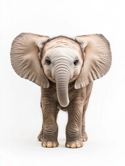 Cute Baby Elephant With Raised Trunk Creates a Friendly Atmosphere in Soft Light on a White Background, Showcasing Its Playful Spirit and Charm Generative AI