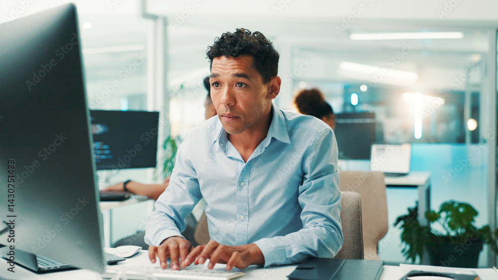 Poster Coding, man and typing on computer in office for app development, software maintenance and testing website. Professional, employee and technology for database troubleshooting, programming and update