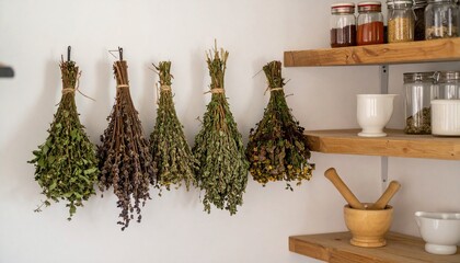  A cozy kitchen corner featuring hanging bunches of dried herbs, spice jars on wooden shelves, and mortar and pestle.
