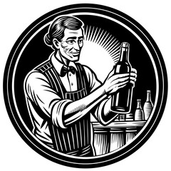 Bartender showcasing a bottle of beer in a vintage style  