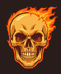 Burning human skull on the dark background vector drawing. 
