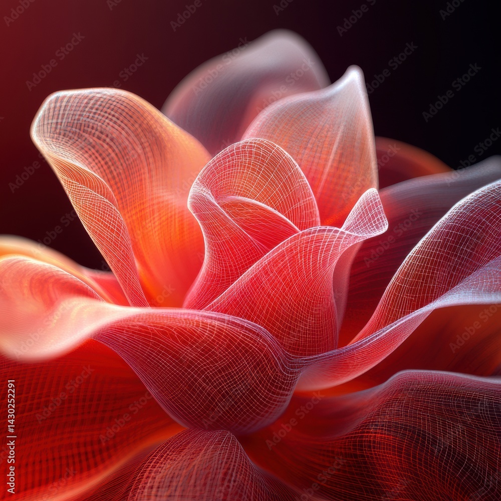 Poster masterful 3d floral design with flying lines in red gradient and glassy texture showcasing elegant f