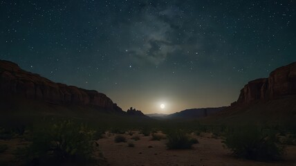 Night sky over desert landscape with mountains and moonlit horizon scenery
