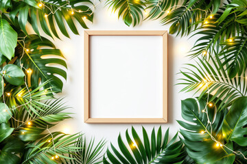 Wooden frame placed in center with lush tropical leaves and glowing string lights around, on a white background. Concept of festive nature decor. Ai generative
