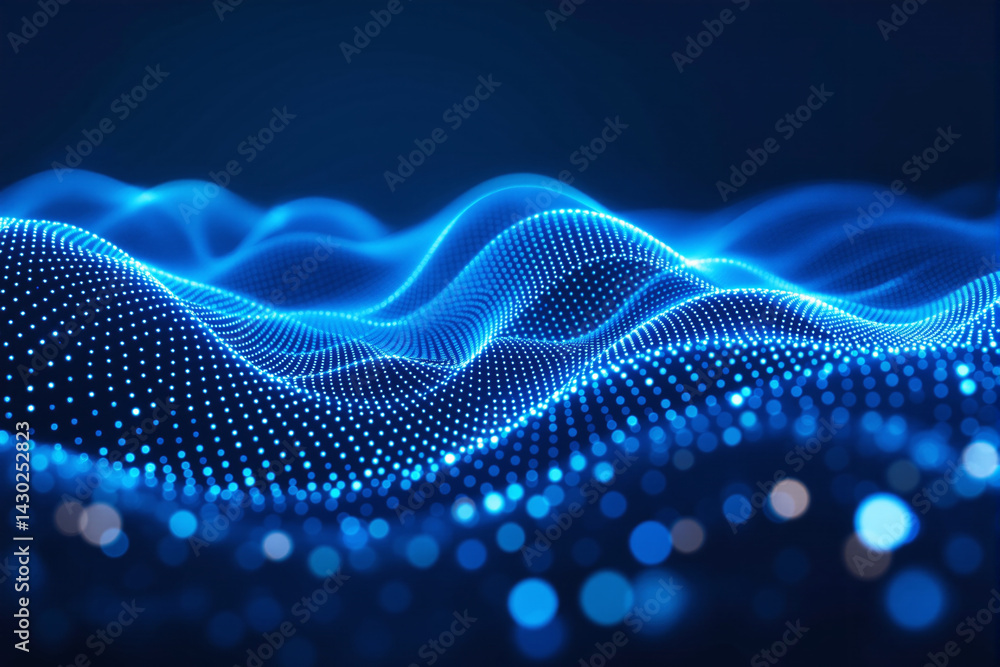 Poster abstract digital wave made of glowing blue particles with light effects, smooth motion style on a de