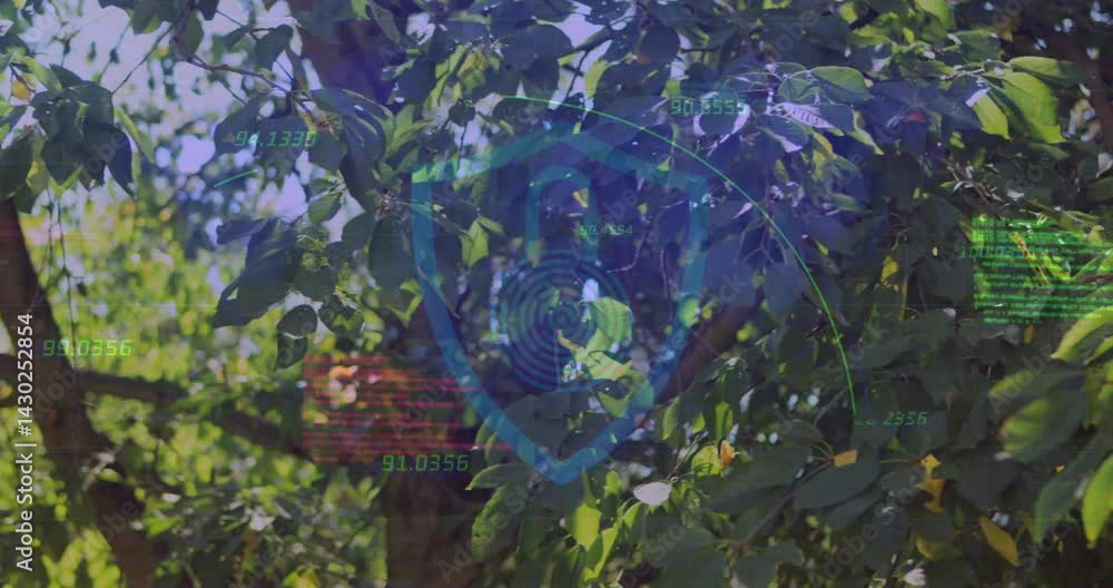 Poster digital shield icon overlay being animated over leafy forest, scanning floating data and code text