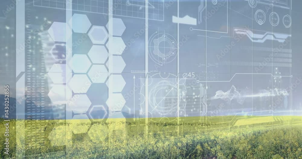 Poster futuristic interface overlay animating over yellow rapeseed field with hex grids and data graphs