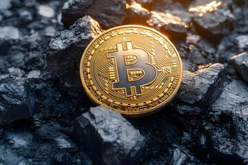 Bitcoin Cryptocurrency Concept on Coal Background for Finance and Technology Design
