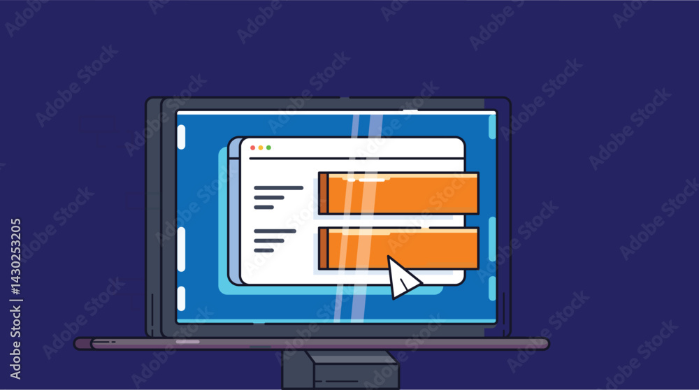 Poster flat design illustration of an open laptop, angled to show keyboard and screen, representing technol