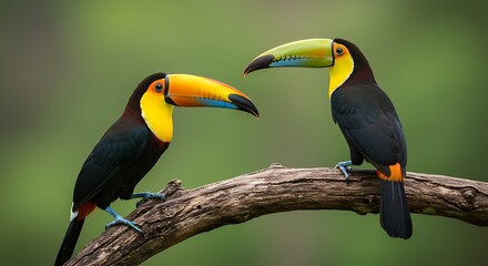 Fototapeta premium A captivating duo of toco toucans, showcasing their impressive orange-yellow and black bills, rest gracefully on a textured branch against a blurred green backdrop.